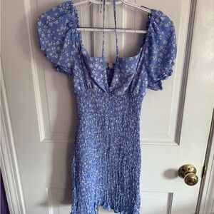 Floral Blue Off the Shoulder Dress